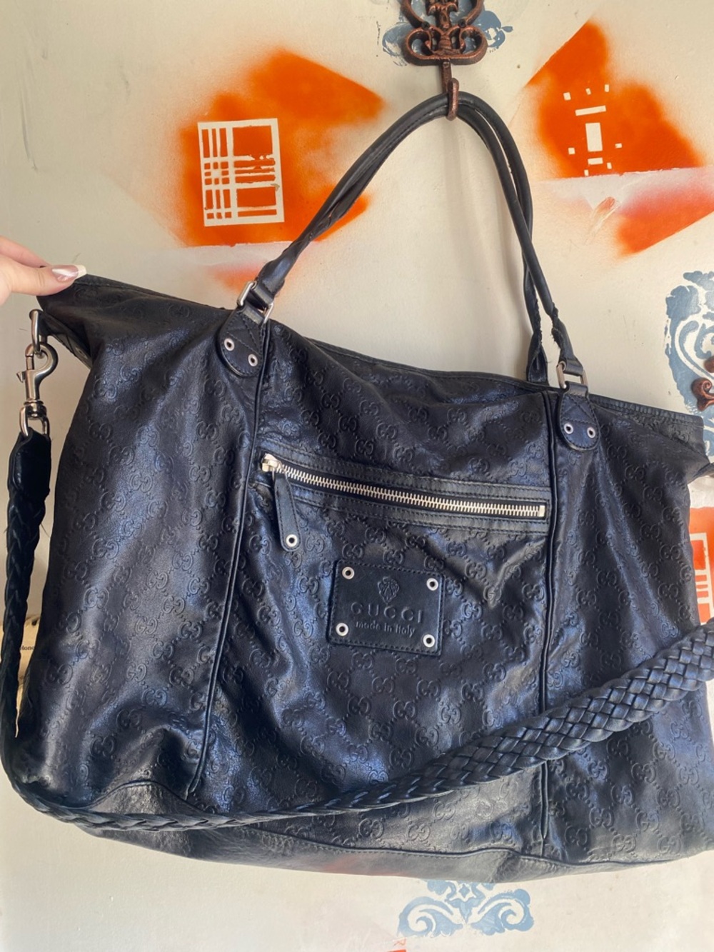 Big Gucci Black leather canvas Tote Bag crossbody